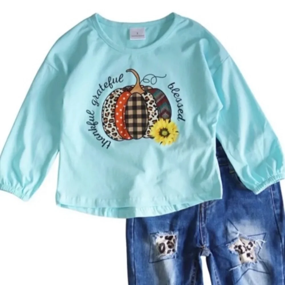 Girls Thanksgiving 2 piece set with jeans and long sleeve top pumpkin fall NWT - Picture 2 of 13